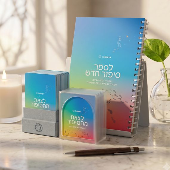 החבילה המשולבת: ערכת קלפי ״לצאת מהסיפור״ ומחברת ״לספר סיפור חדש״