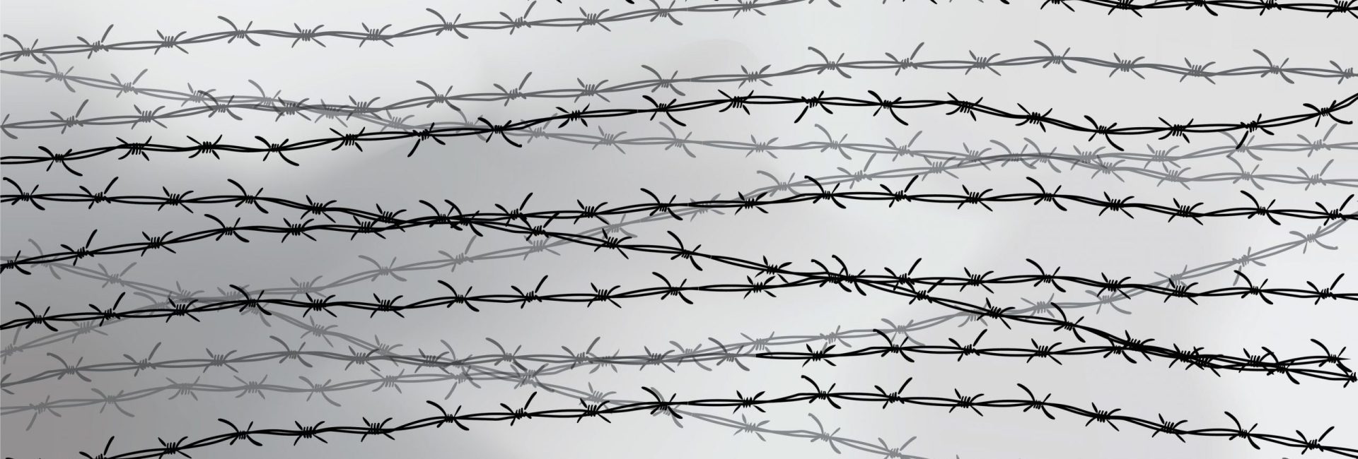Barbed wire fencing. Fence made of wire with spikes. Black and white illustration to the holocaust.