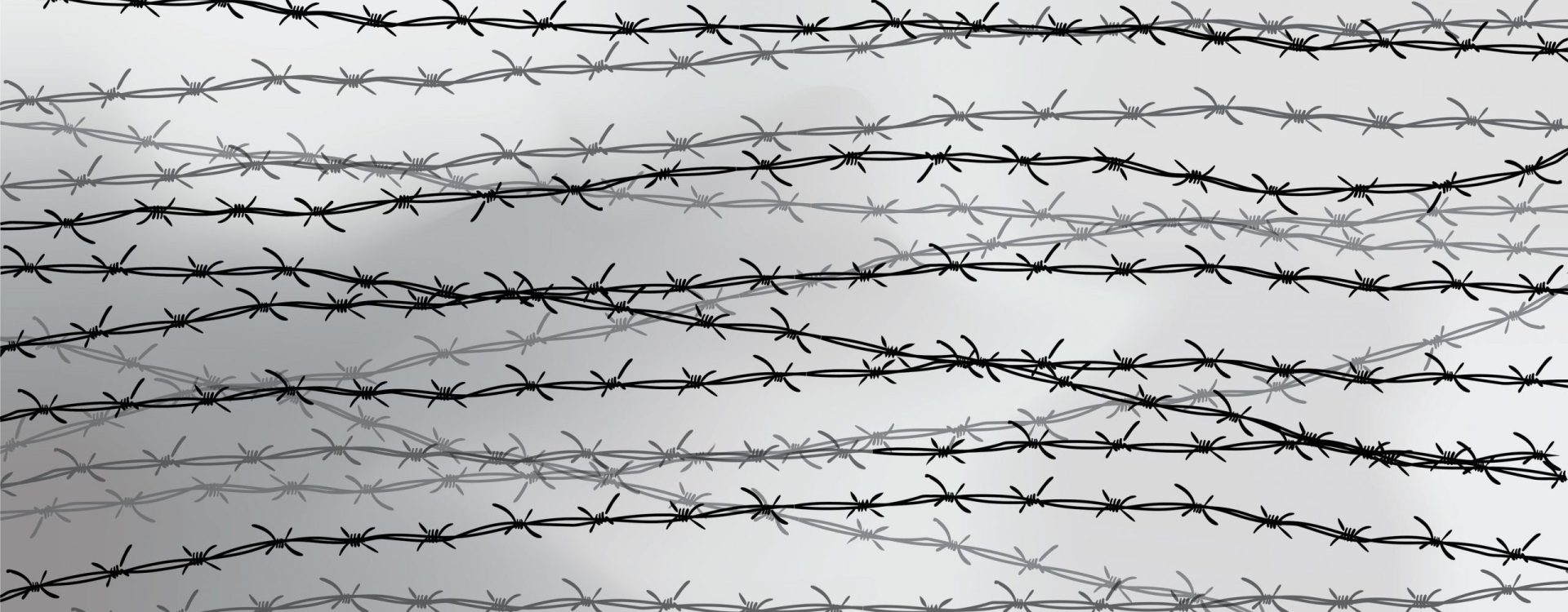 Barbed wire fencing. Fence made of wire with spikes. Black and white illustration to the holocaust.